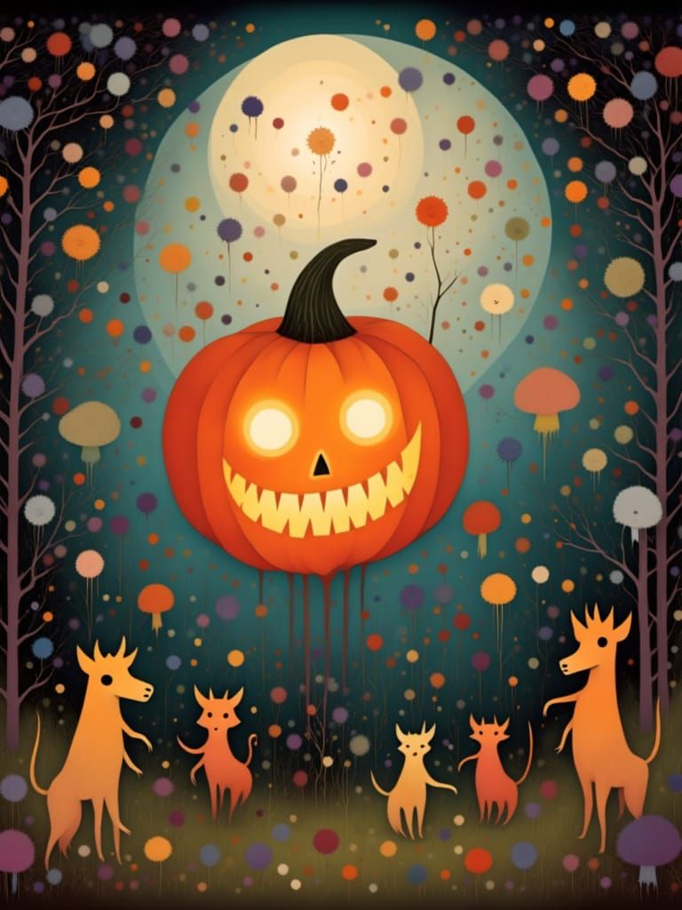 <lora:Pagan Moon:1.0> A magical whimsical Jack o'lantern dances with cute devils