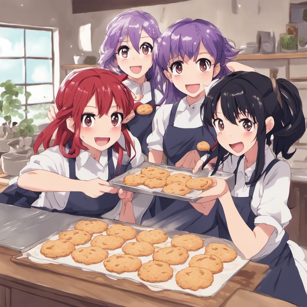 Red, Moon, Murisaki and her little sister making cookies.