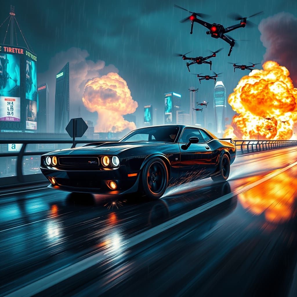 Futuristic Muscle Car Drifting in Cyberpunk Cityscape