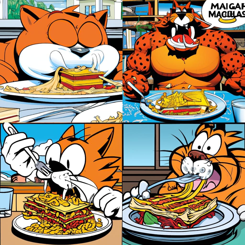 Garfield eating lasagna