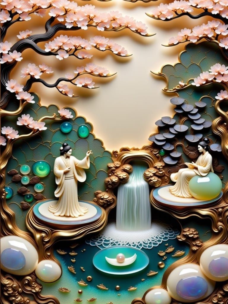 Japanese Style Panels depicting Beautiful Cultivator Chang-E practicing KungFu in Waterfall Paradise created out of intricately carved polis...