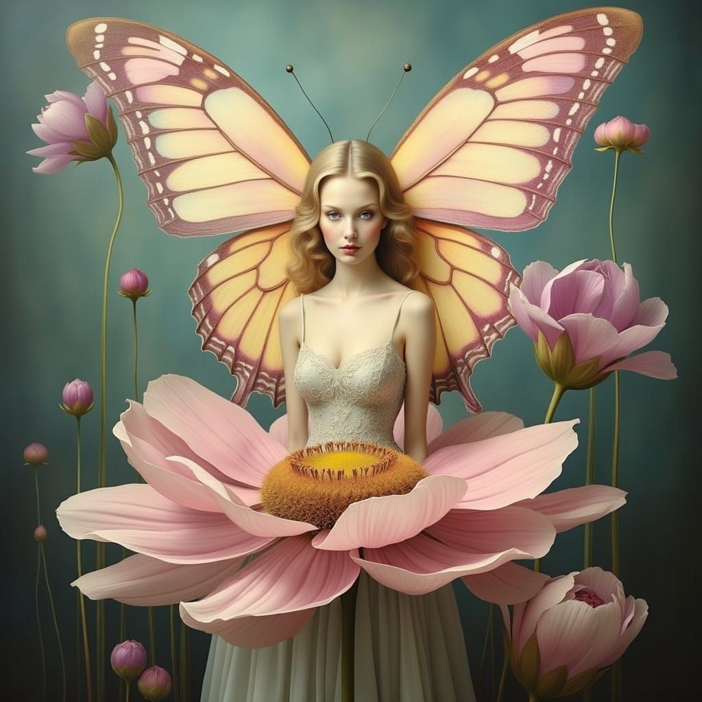 <lora:FLOWERY:1.0> A stunning woman with intricate, translucent butterfly wings sprouting from her back, adorned with delicate veins and vib...