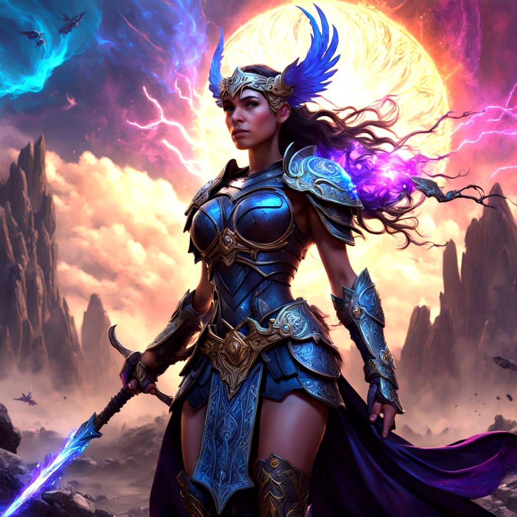 A beautiful Valkyrie warrior stands on a battlefield strewn with glowing, otherworldly weapons. She is clad in ornate armor adorned with cel...