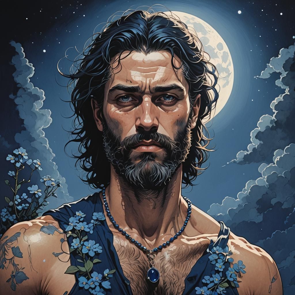 Handsome bearded rugged man with sapphire  jewelry