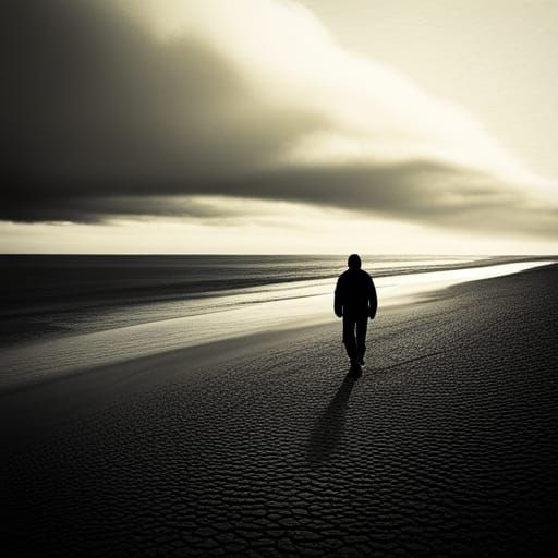 Solitary Figure on Dark Beach: Cinematic Introspection