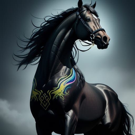 Majestic Black Horse With Ethereal Tattoo