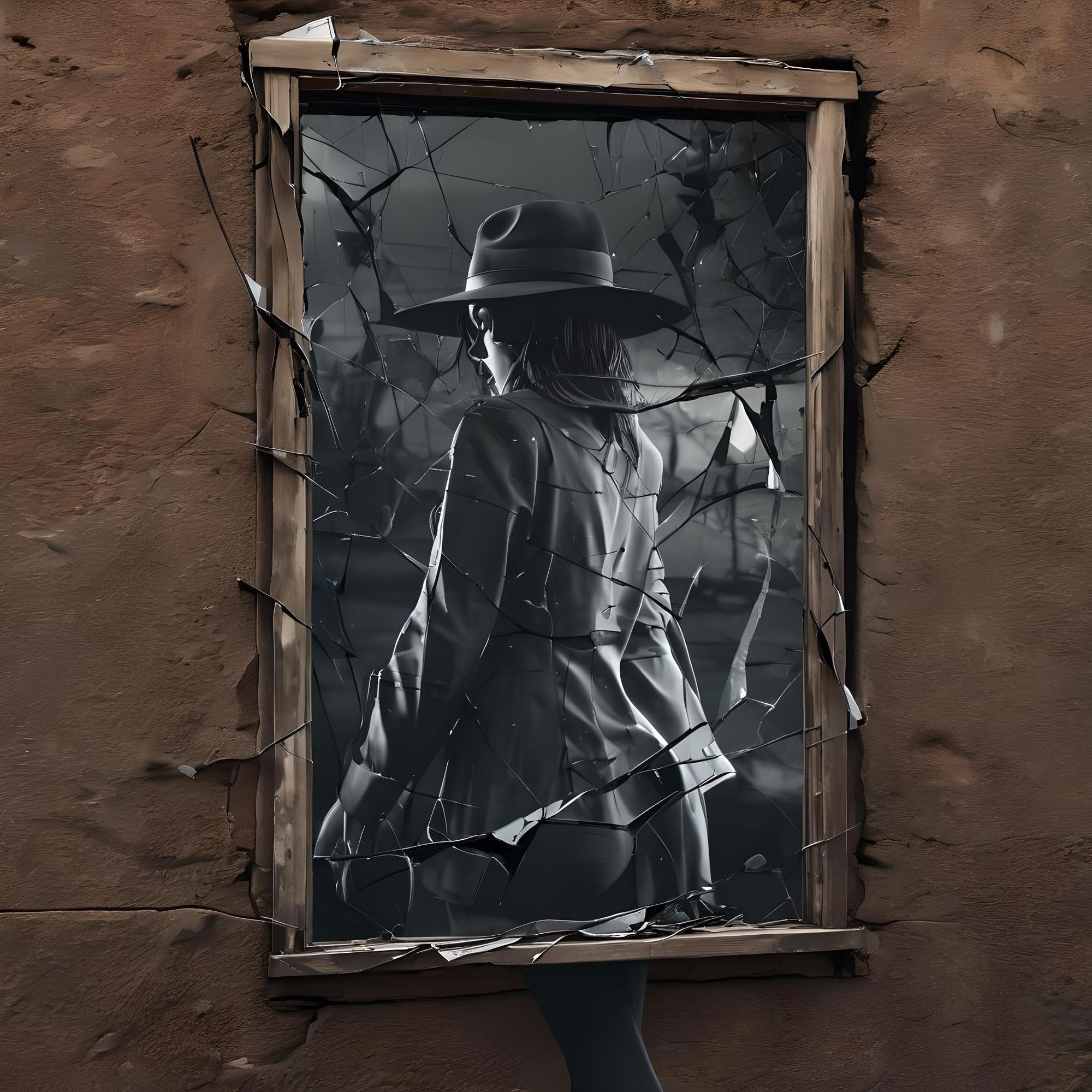 (Shattered window:2) reflecting distant view of mysterious noir woman walking in fedora, shrouded in darkness,  outback, moody, grainy, nois...