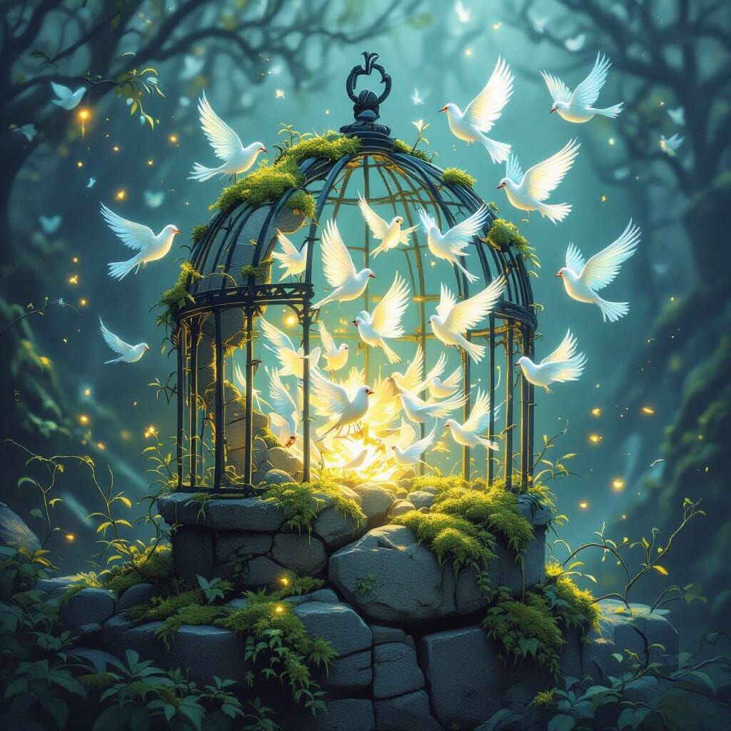 A flock of luminous, ethereal birds bursting forth from a cracked, ancient stone birdcage.