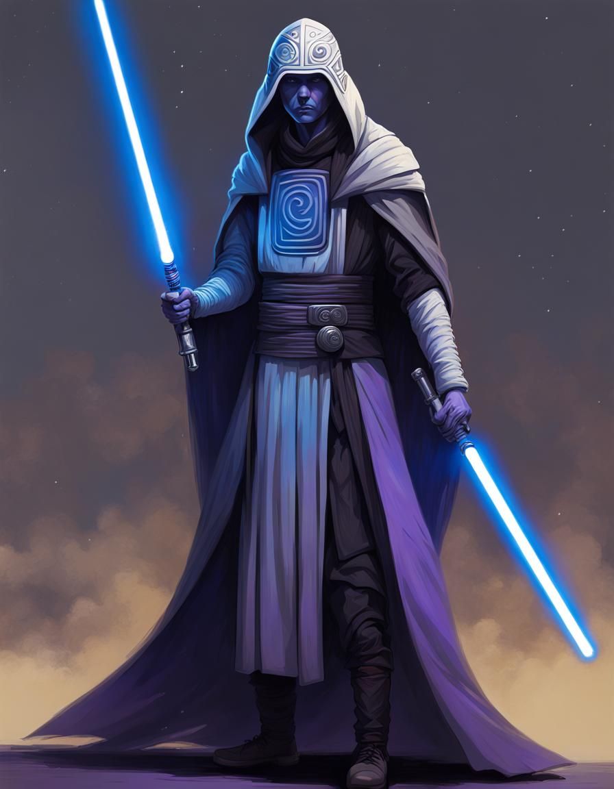 Celtic Tribe Jedi Sentinel in grey and black robes. Retrofuturism. Star ...