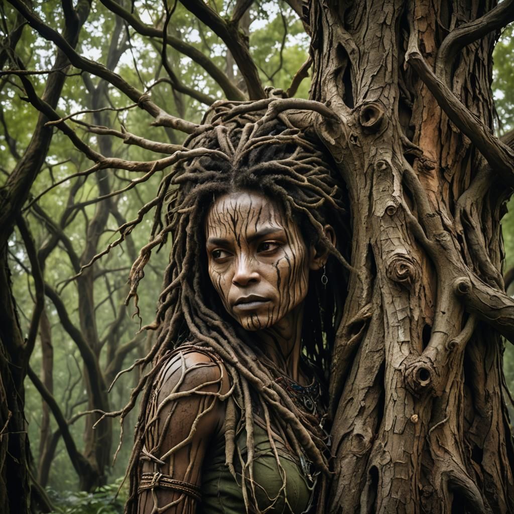 Beautiful dread tree woman, bark-like skin texture, limbs and tree, forest background  by @Lady of the Thorns
