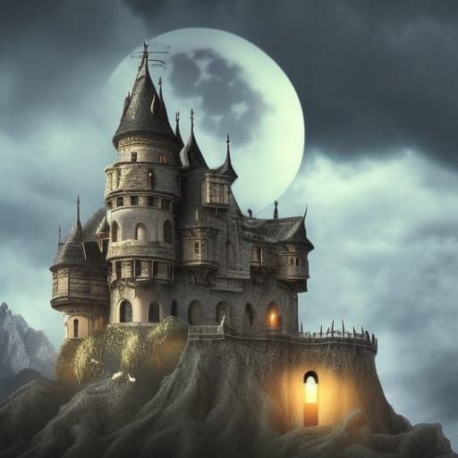Creepy Castle Under Stormy Sunset Moon