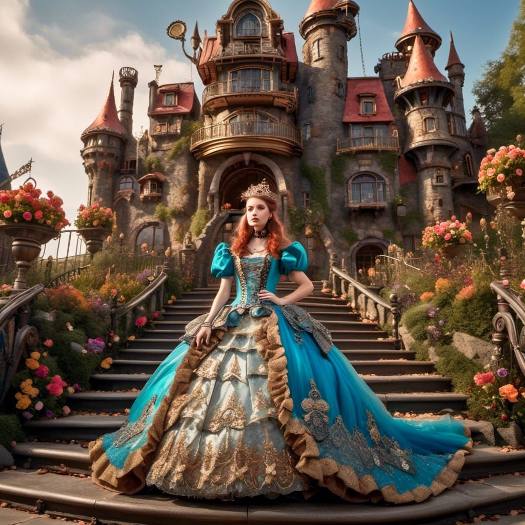 Steampunk princess in castle grounds