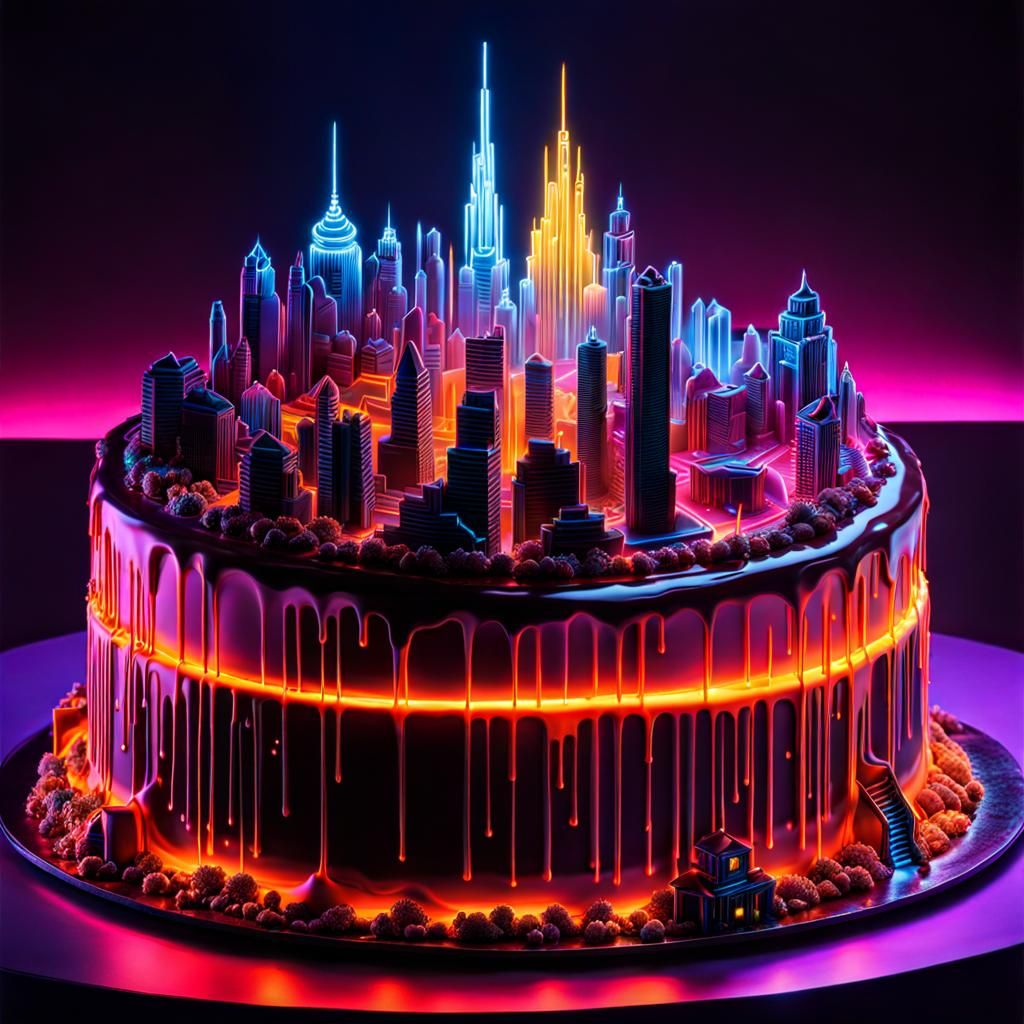Neon Cyberpunk Cityscape Cake Digital Art