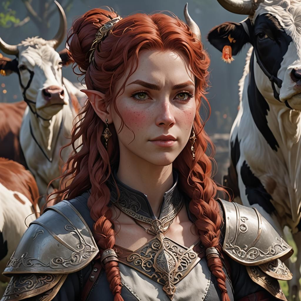 Firbolg dnd, cleric, clothed, curly hair, female, cow nose, ...
