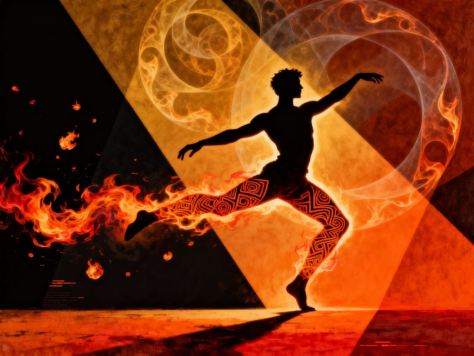 animate the dancer dancing and flames flickering as he dances