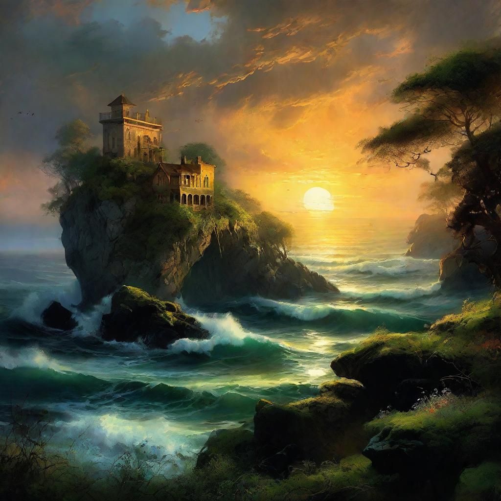 Mossy Stone House on Cliff, Fantasy Landscape