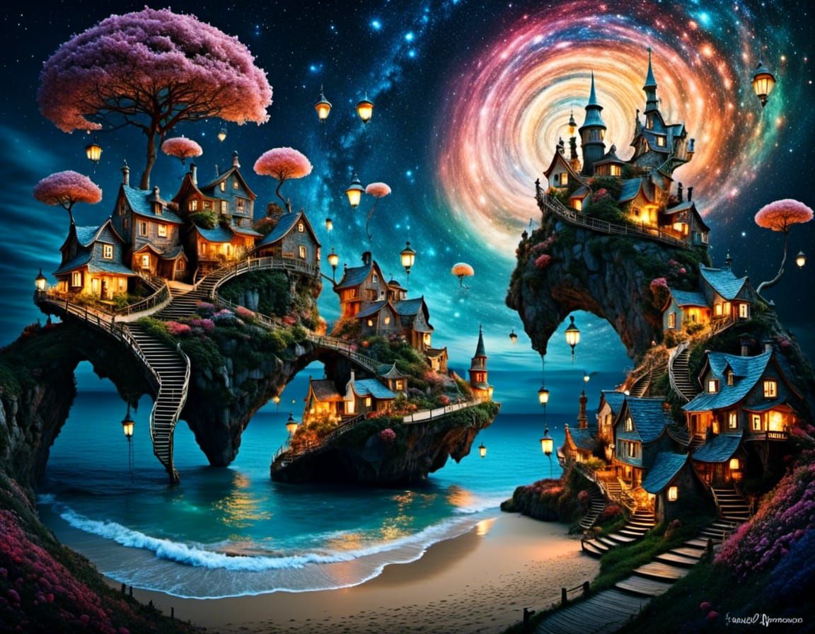 surreal fairy night village on the beach <lora:Fairy night:1.0> 
