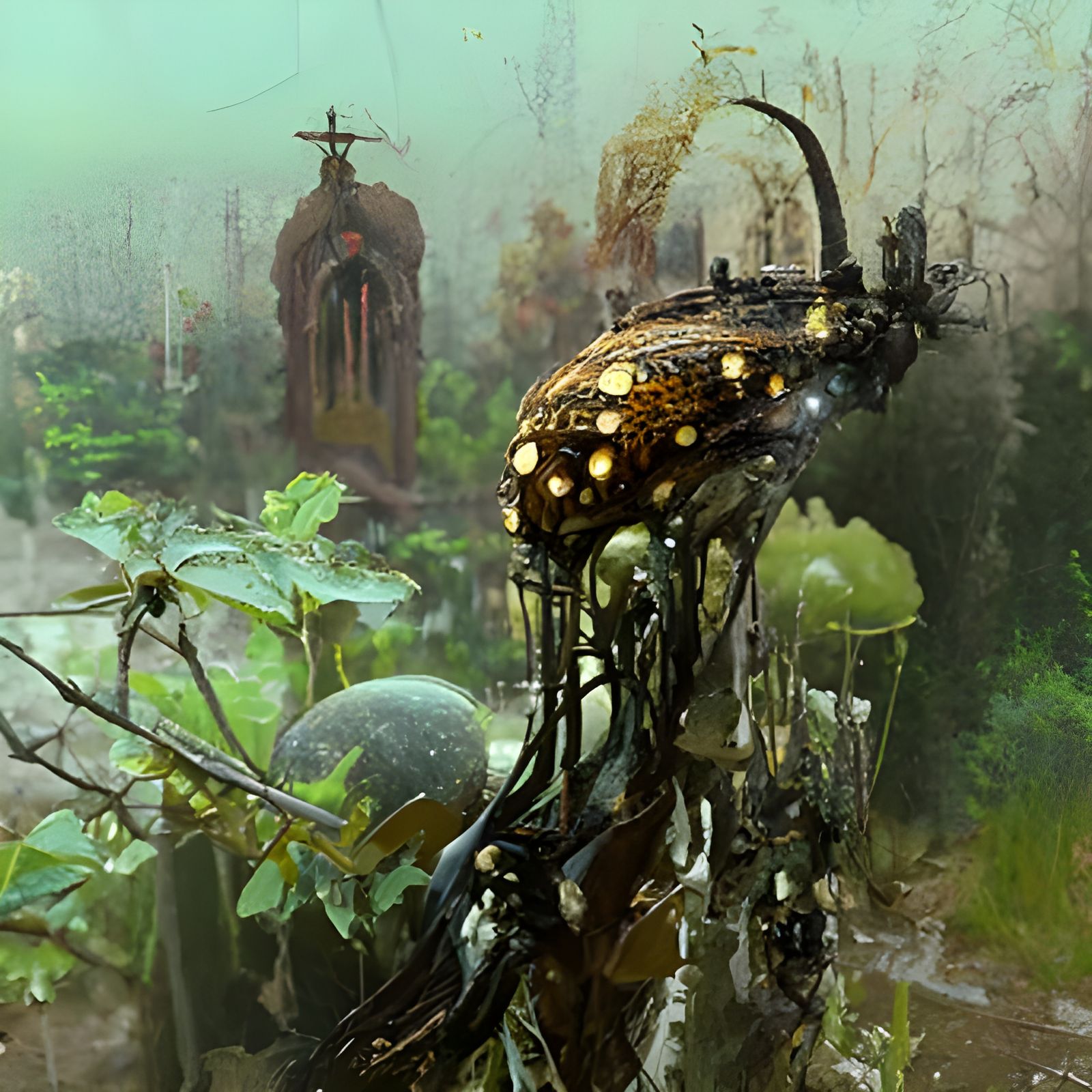 Mechanical Alien temple in a forest by Philip K Dick and Adrian Tchaikovsky  with spider priests, jungle - AI Generated Artwork - NightCafe Creator