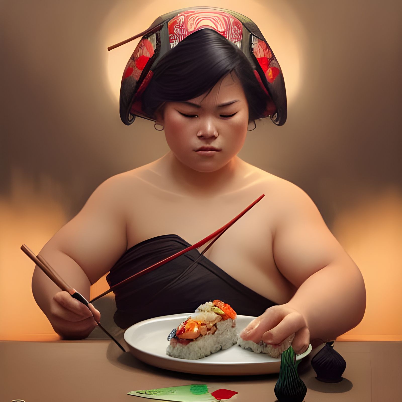 Sumo Westlers eating Sushi