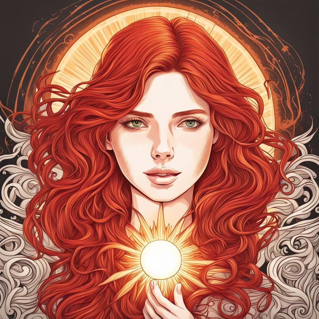 A red haired girl with a shining blazing sun holding it in h...