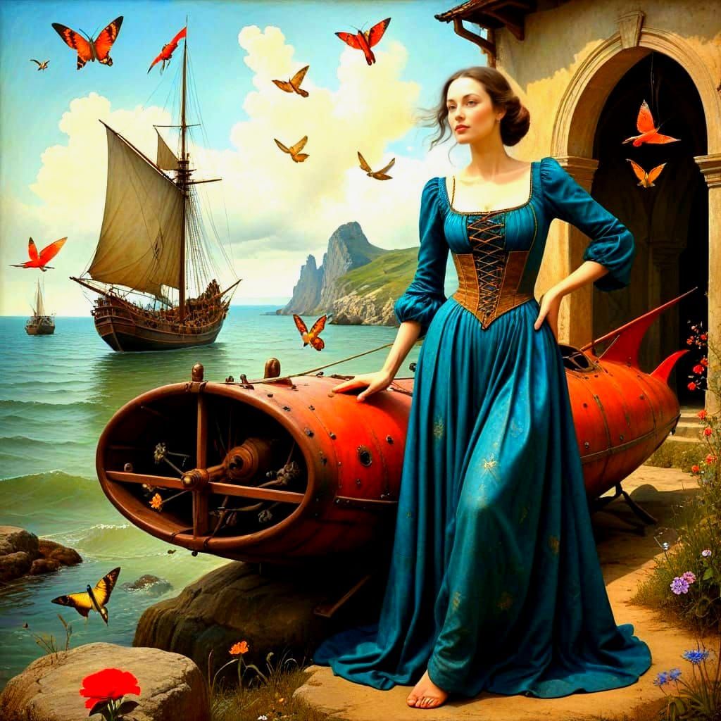 Charming Medieval Ladies in Surreal Ink Landscape