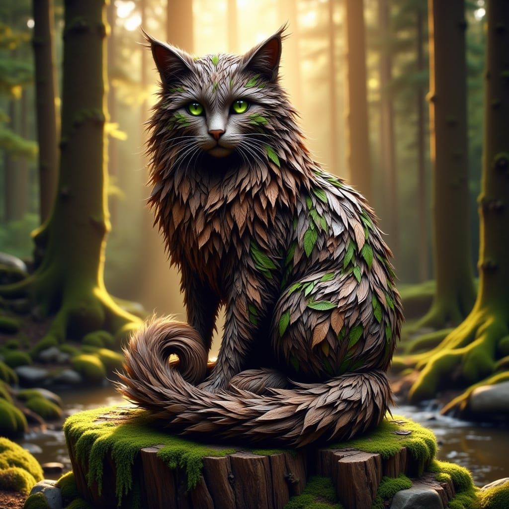 <lora:Wild Serenity:1.0> <lora:Terra Flux:1.0> <lora:SumnerVision2:1.0> Design a large, long-haired Norwegian Forest Cat sculpted from vario...