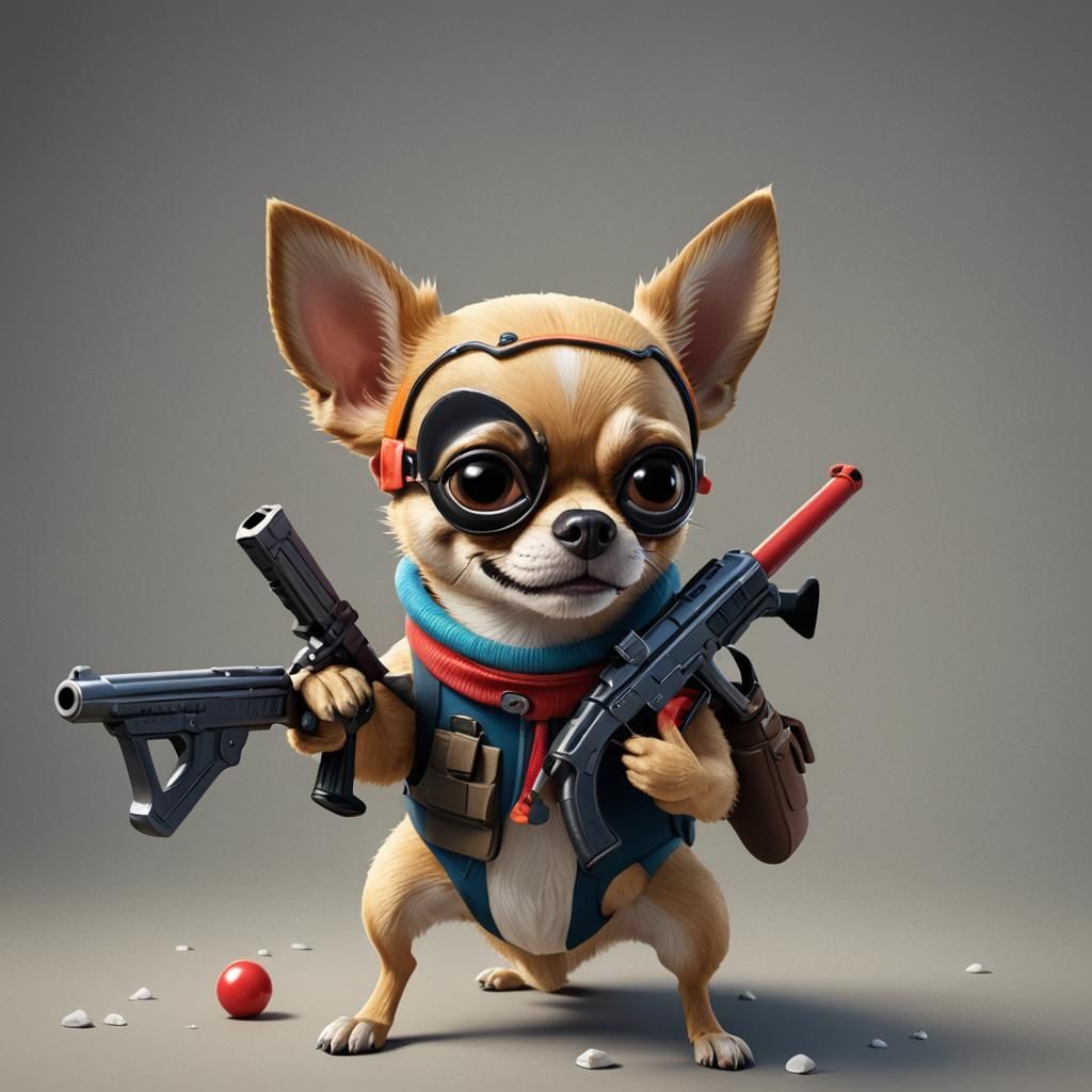 Comical Chihuahua Cartoon with Toy Gun