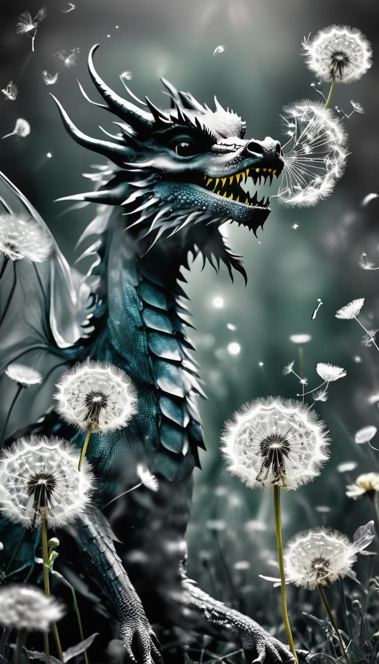 black and white Dragon in an enchanted dandelion   photogrm rayograph, solarization,  colorful dandelions fairies , Dandelion fairies grant...