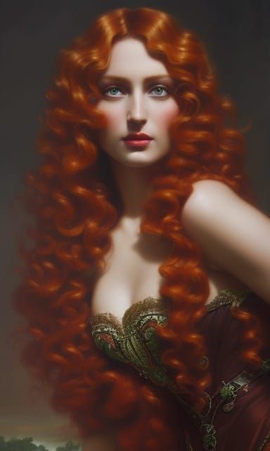 Gorgeous curly red-headed goddess, finely detailed eyes, int...
