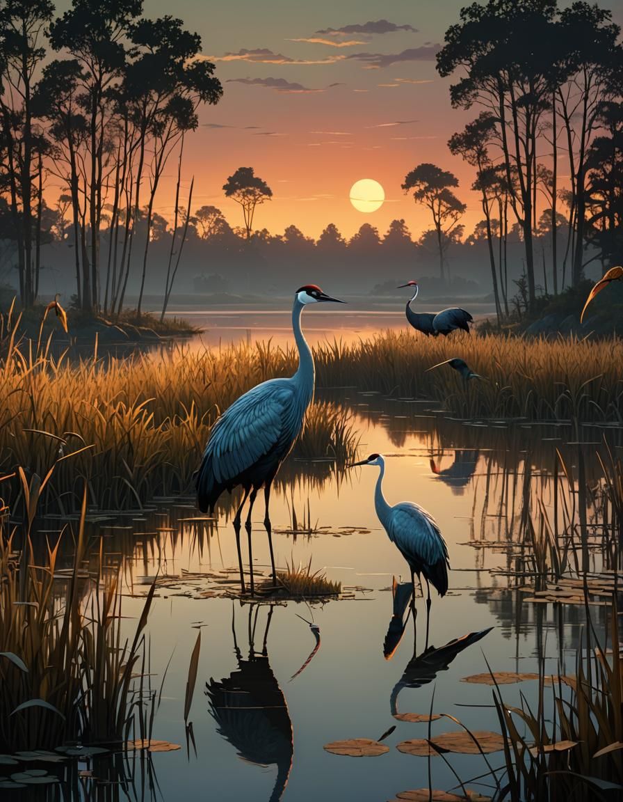 Cranes stand in the soft evening light on the shore of a reed-covered ...