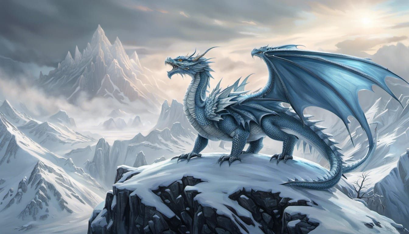 Fantasy digital artwork of an armored ice dragon perched on a snowy ...