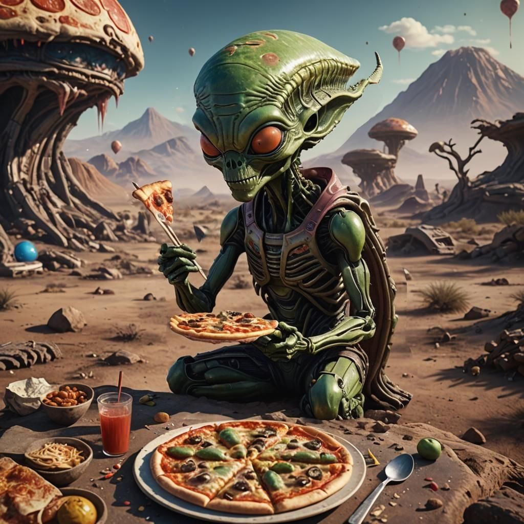 alien eating pizza with chopsticks on a deserted planet with...