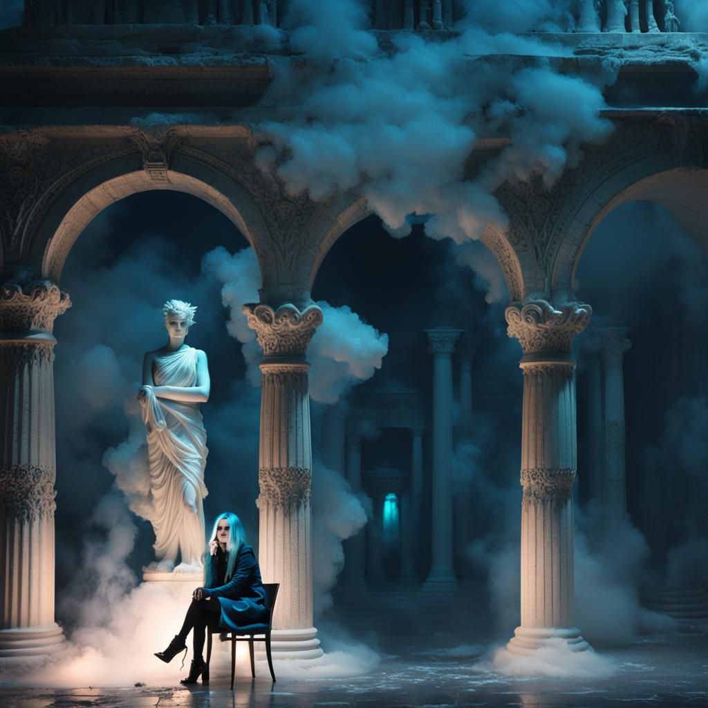 intense blue neon light. giant ocean waves. smoke. intense w...