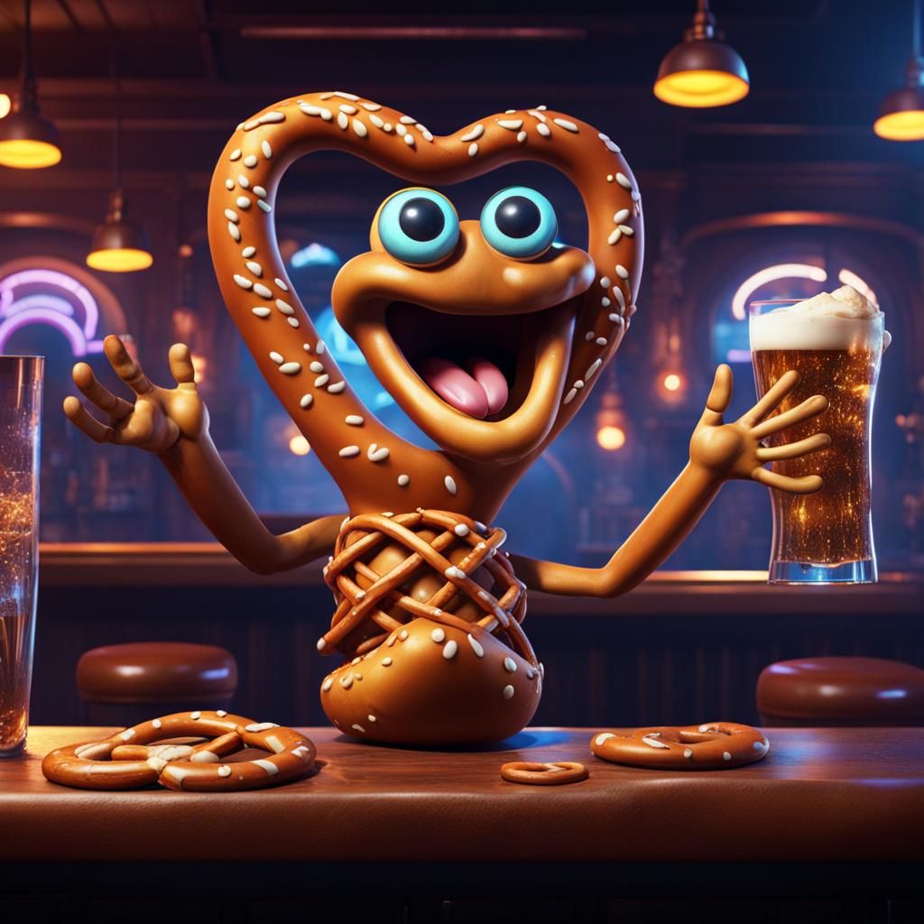 A pretzel with eyes, arms & legs singing karaoke at a bar  by @KRoseCarol