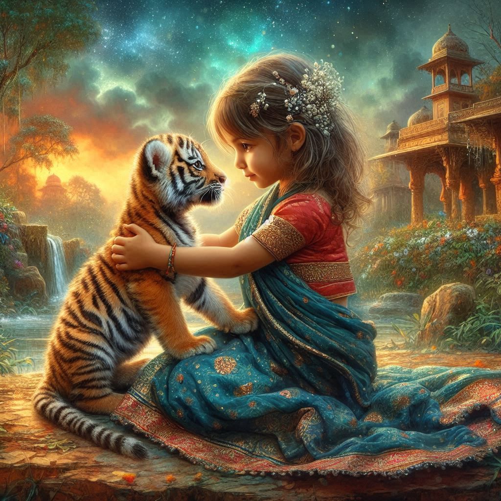 Animal Friendship: Little Indian girl and Tiger cub