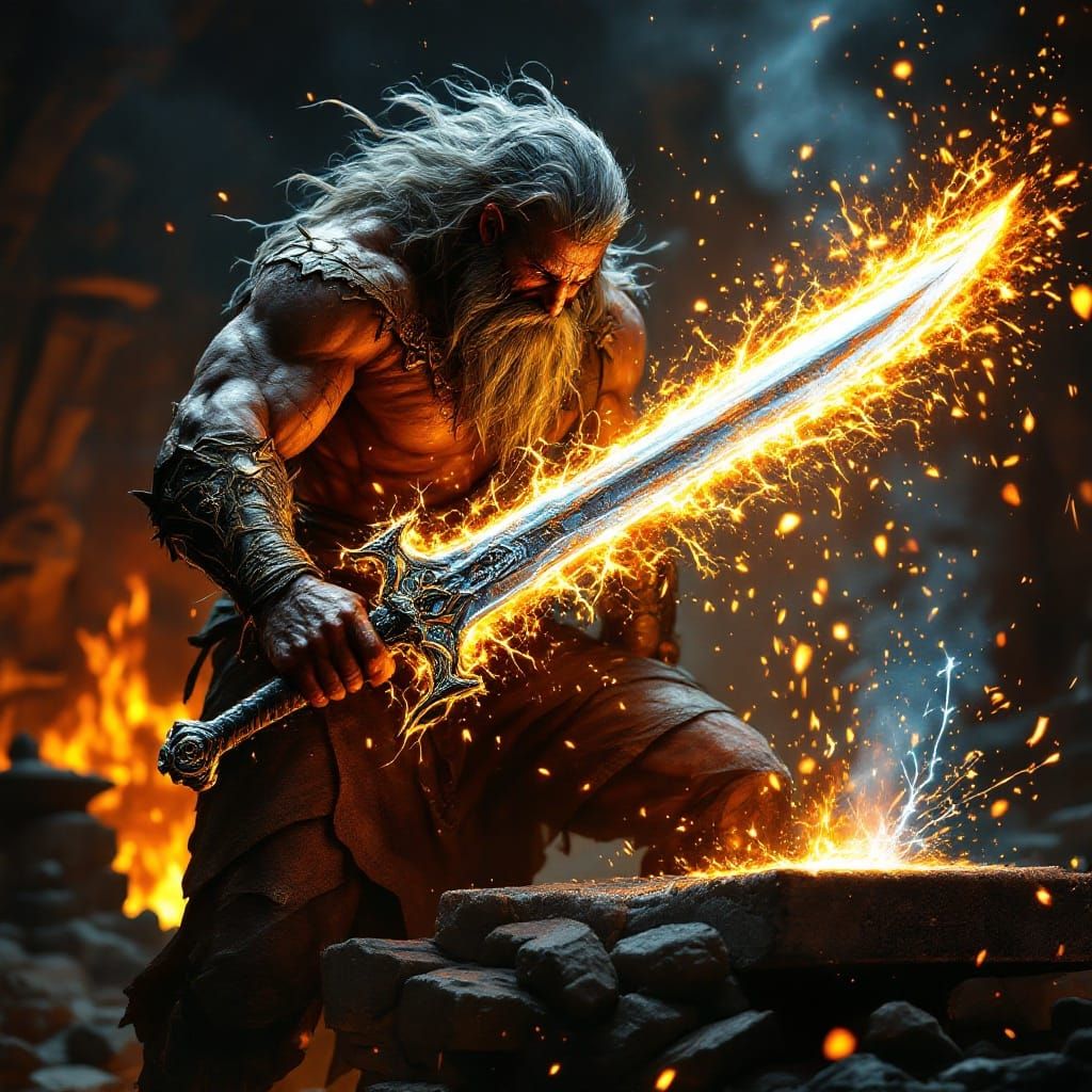 The mythic craftsman Gofannon forges the Sword of Elements.  by @A_Persona_non_grata