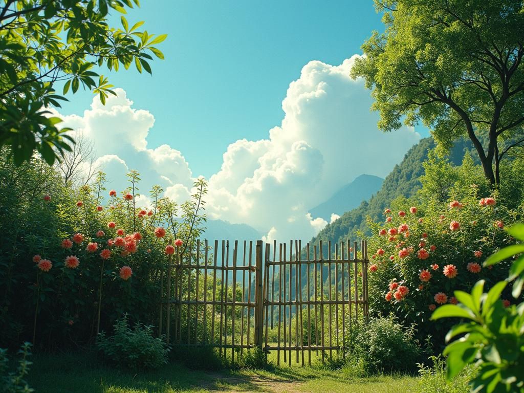 Lush Garden Over Bamboo Fence: Cinematic Still