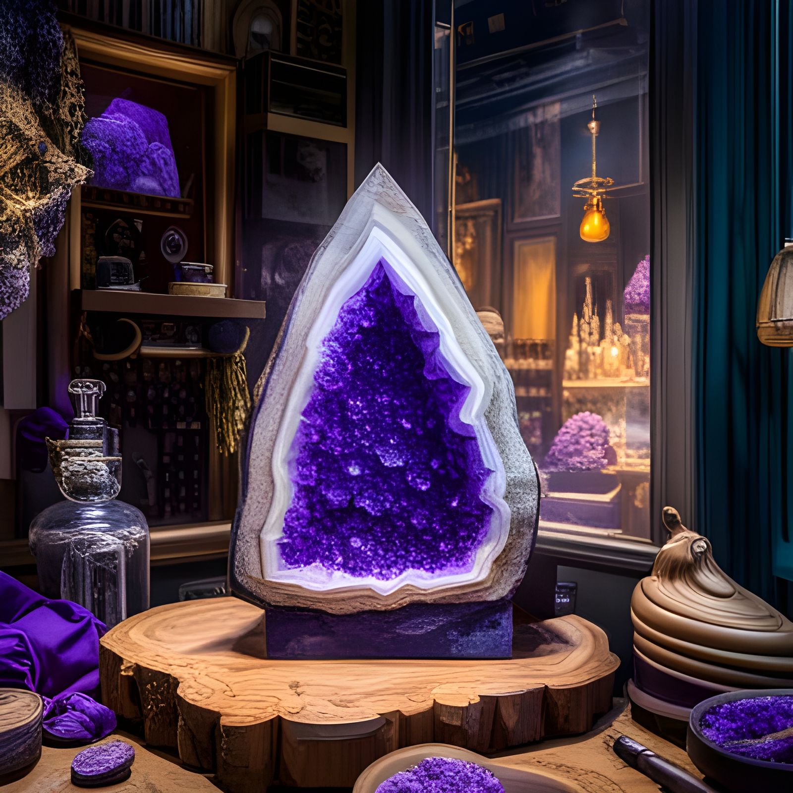 purple and green crystals geode, trending on unsplash, crystal shop window for magical weapons, druzy ...  by @NewAgerJul