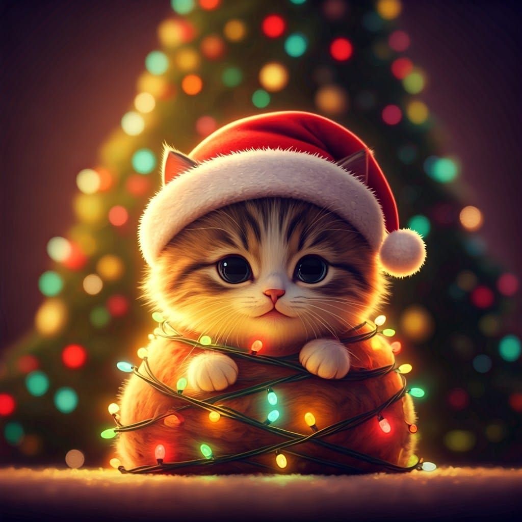 Magical Christmas Kitten Amidst Whimsical Tree Lighting