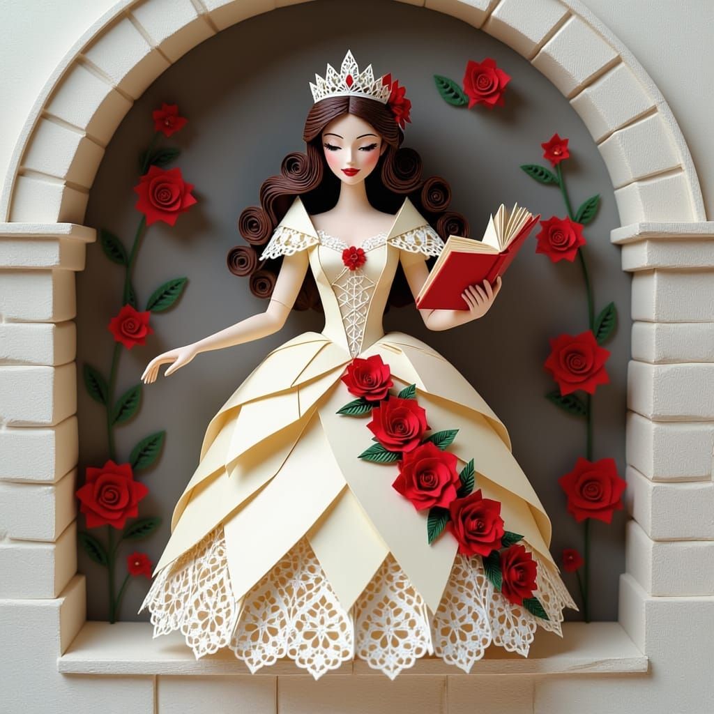 Origami Princess in Gothic Lace Dress with Paper Roses