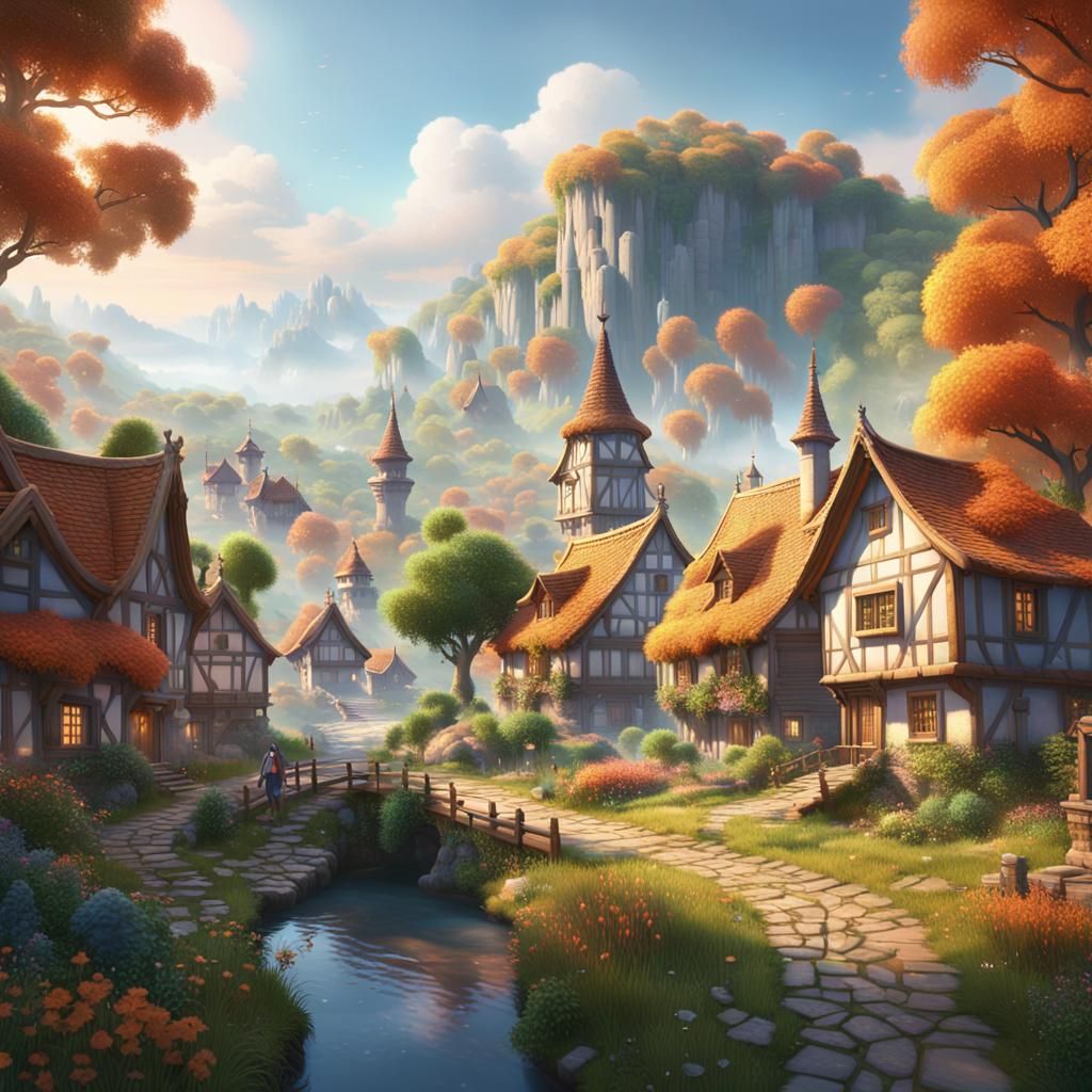 Serene Village in Lush Nature: Digital Matte Painting