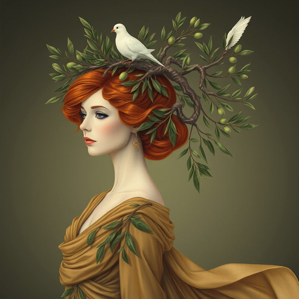 Olive Tree Woman with Dove: Surreal Dreamscape