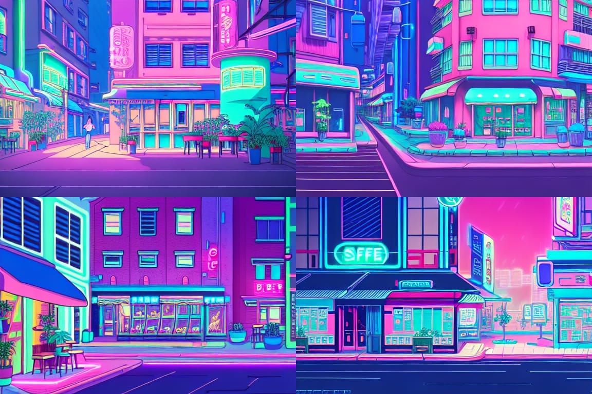 Blue pink and green Neon cityscape with coffee shop on the street lots ...