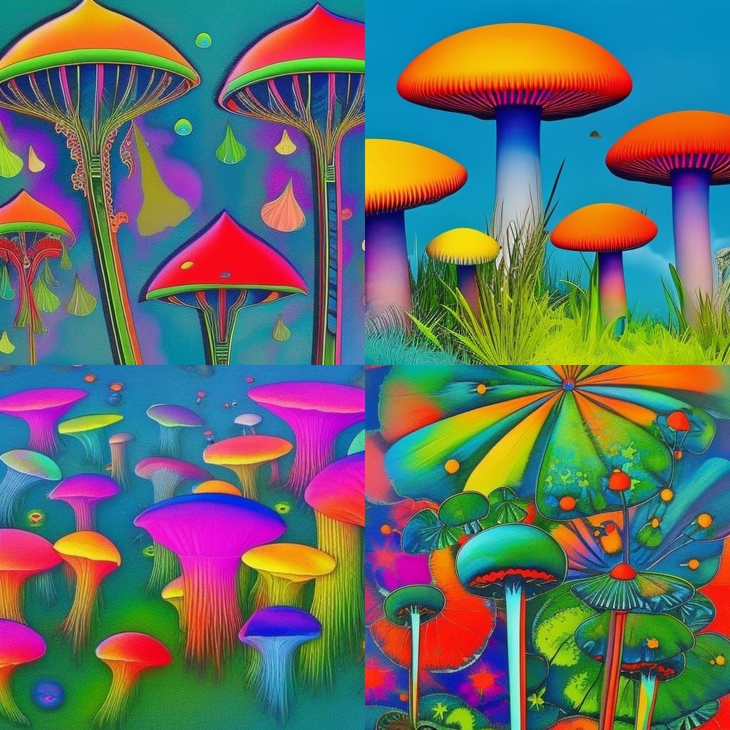 Psychedelic bright water colors magic mushrooms with different color ...