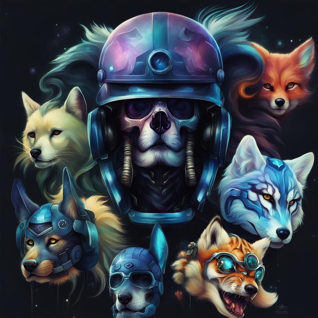 skull with helmet, cyborg pets, fox dog, cat, wolf, tiger, b...