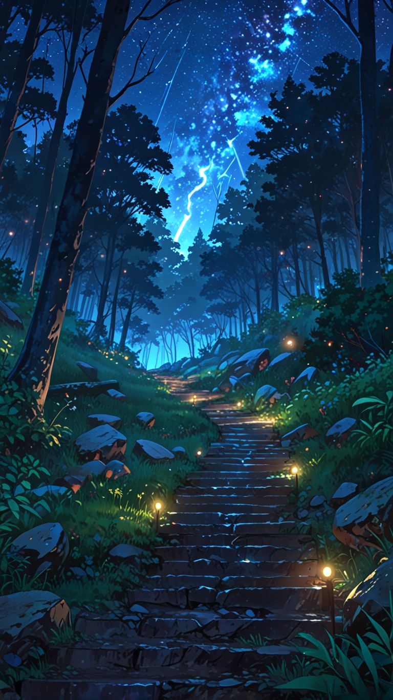 High detail Anime landscape of a forest at night with glowing light and stars with s cozy hiking trail