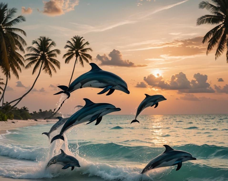 Turquoise Beach Sunset with Dolphins, Professional Photograp...