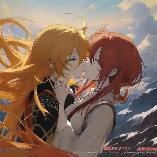 Anime Style: Yellow and Red Haired Girls Kissing