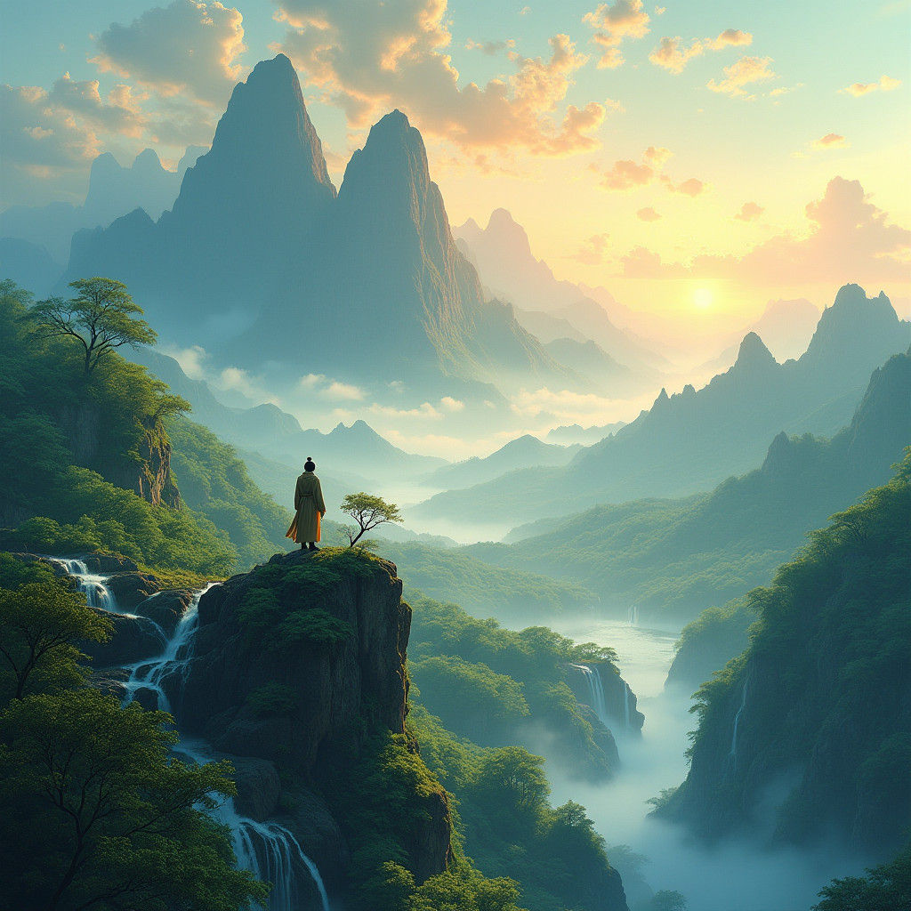Golden Hour Mountain Landscape in Matte Painting Style