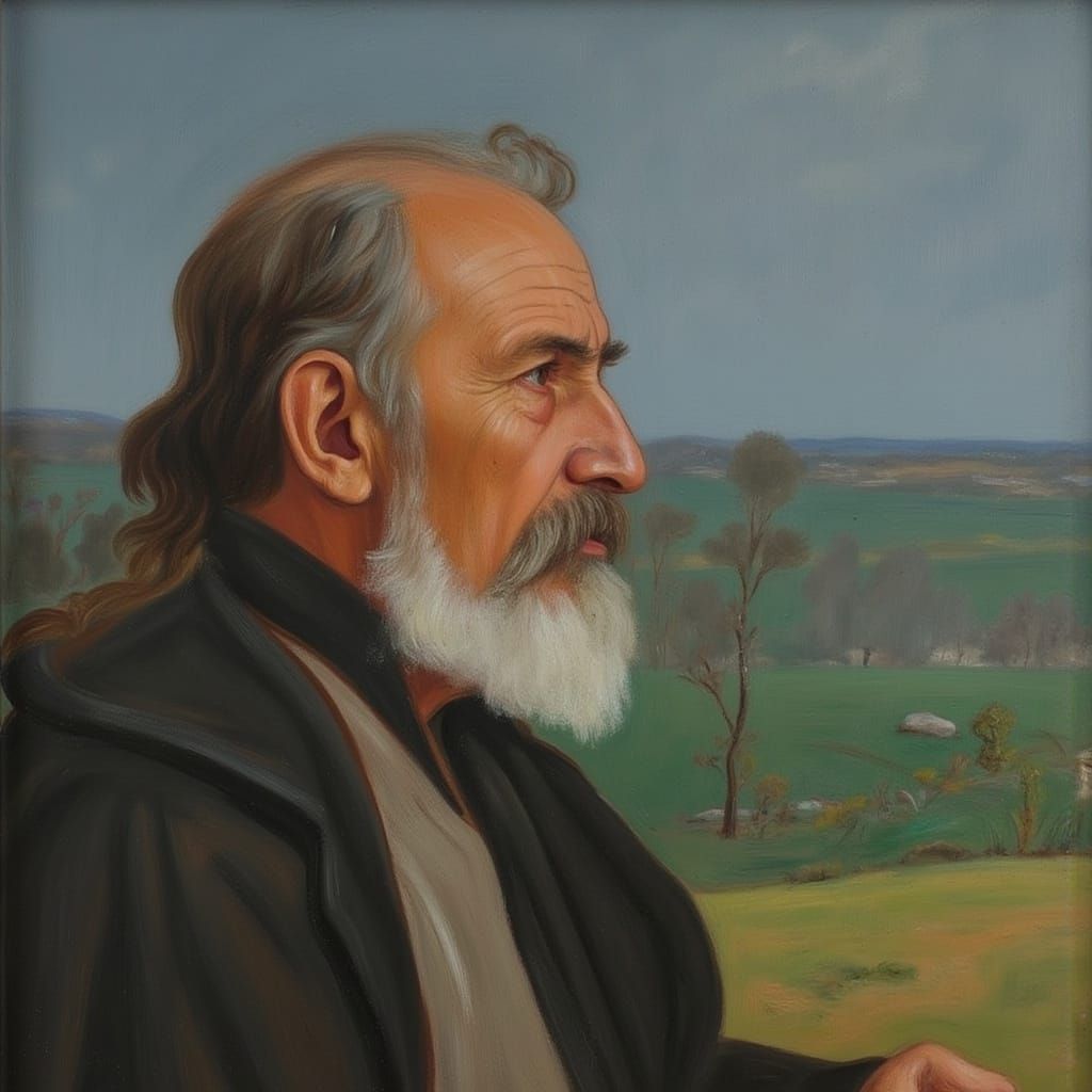 Psychological profile Portrait of on old man in a rainy landscape in the style of  <lora:Soft Symbolism:1.0>